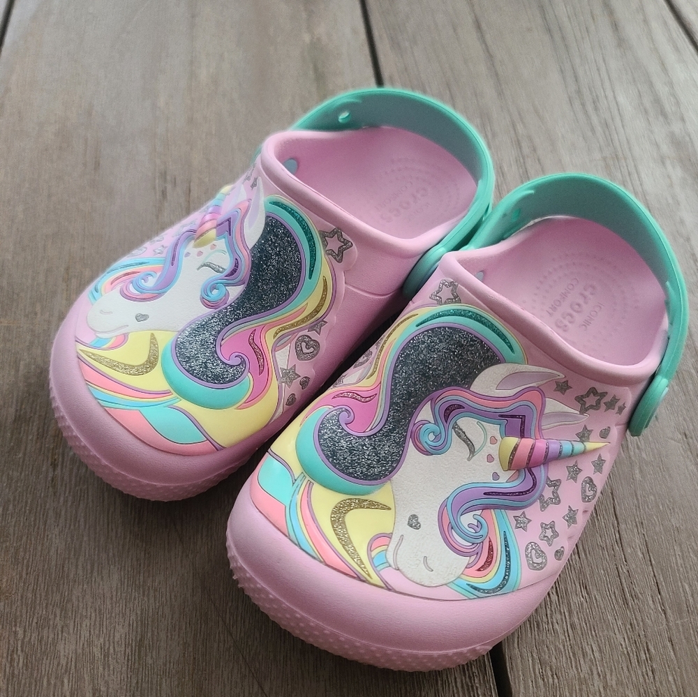Pink unicorn crocs